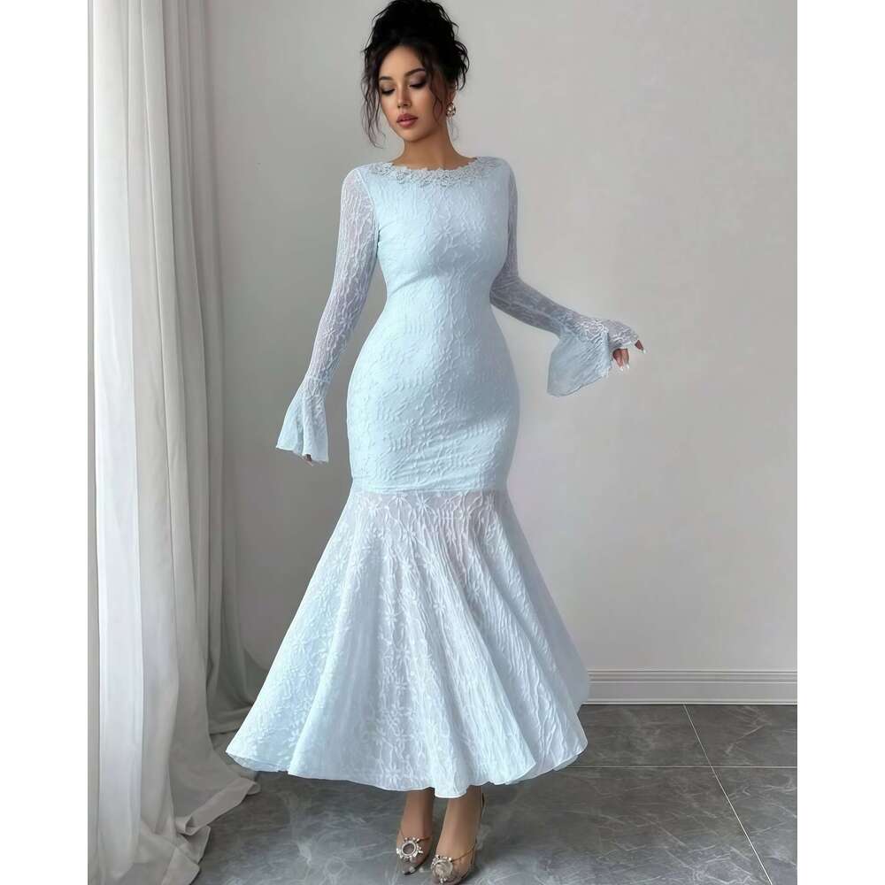 2025 Early Autumn New Solid Color Flared Sleeve Round Neck Slim Fit Long Mermaid Dress for Women