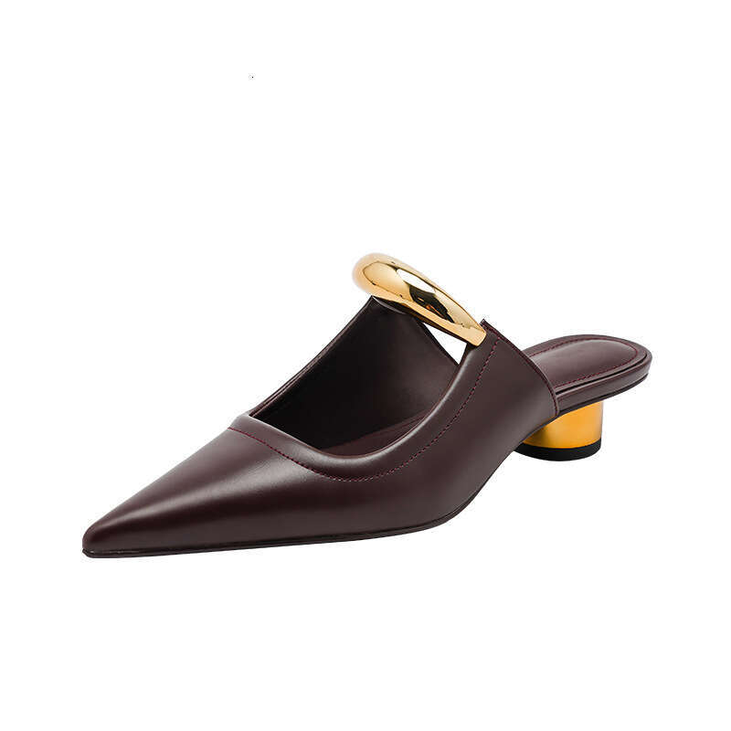 Minimalist Pointed Mules For Women, French Style, Chunky Mid Heel, Half Slippers, Metal Capped Toe, Open Free shipping Toe Sandals