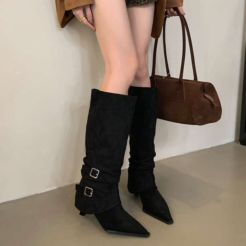 Suede Pointed Toe Ruched Free shipping Slouch For Women 2025 Autumn Winter New Detachable Two-Way Wear Stiletto Long High Heel Short Boots