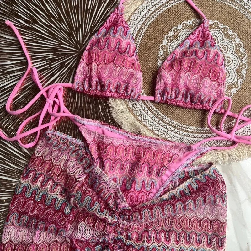 Knitted bikini set with three sexy striped swimsuits medieval polyester fiber beach style printed knitted 250313