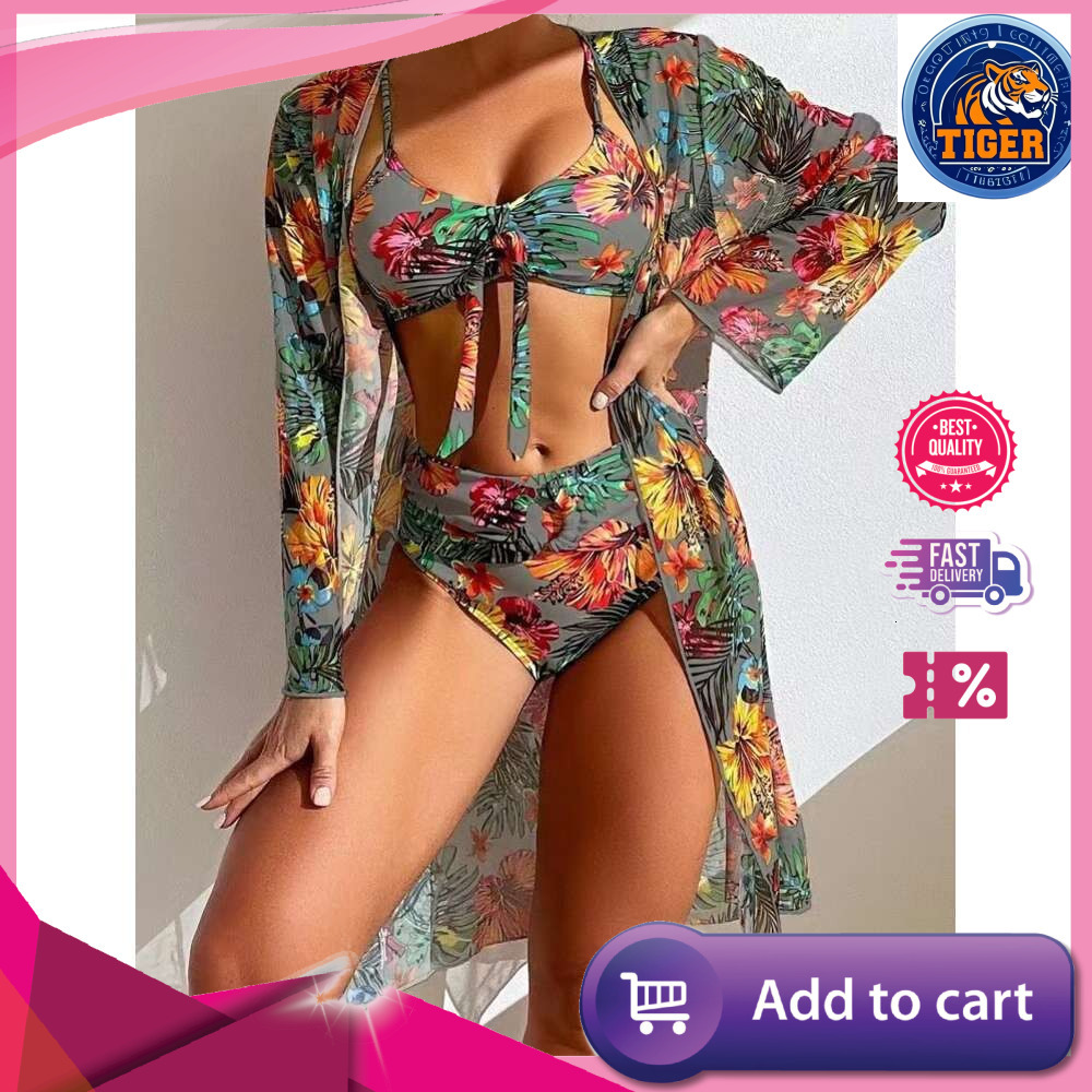 ddmytiger New Sexy Long sleeved Mesh Mask Shirt Split Printed Bikini Swimsuit H