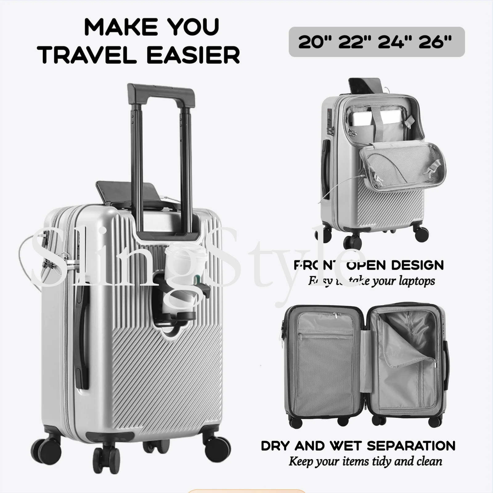 2024 New Durable Lage Sets Suitcase Front Open TSA Lock USB Slient Spinner Wheel Charging Men Carry-On Travel 20/22/24/26