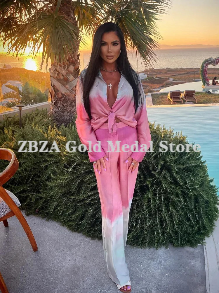 ZBZA Womens Tie Dye Printed Shirt and Pants Set Flip Collar Long Sleeve Satin High Waist Wide Leg Silk Autumn 250313