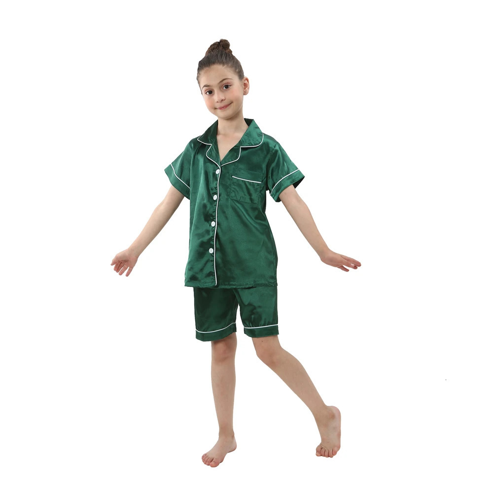 Summer Short Sleeve Satin Pajamas Silk Fabric Girls Sleepwear Boys Nightwear Solid Childrens Pajama Sets Pyjamas Boy Baby Wear 250407