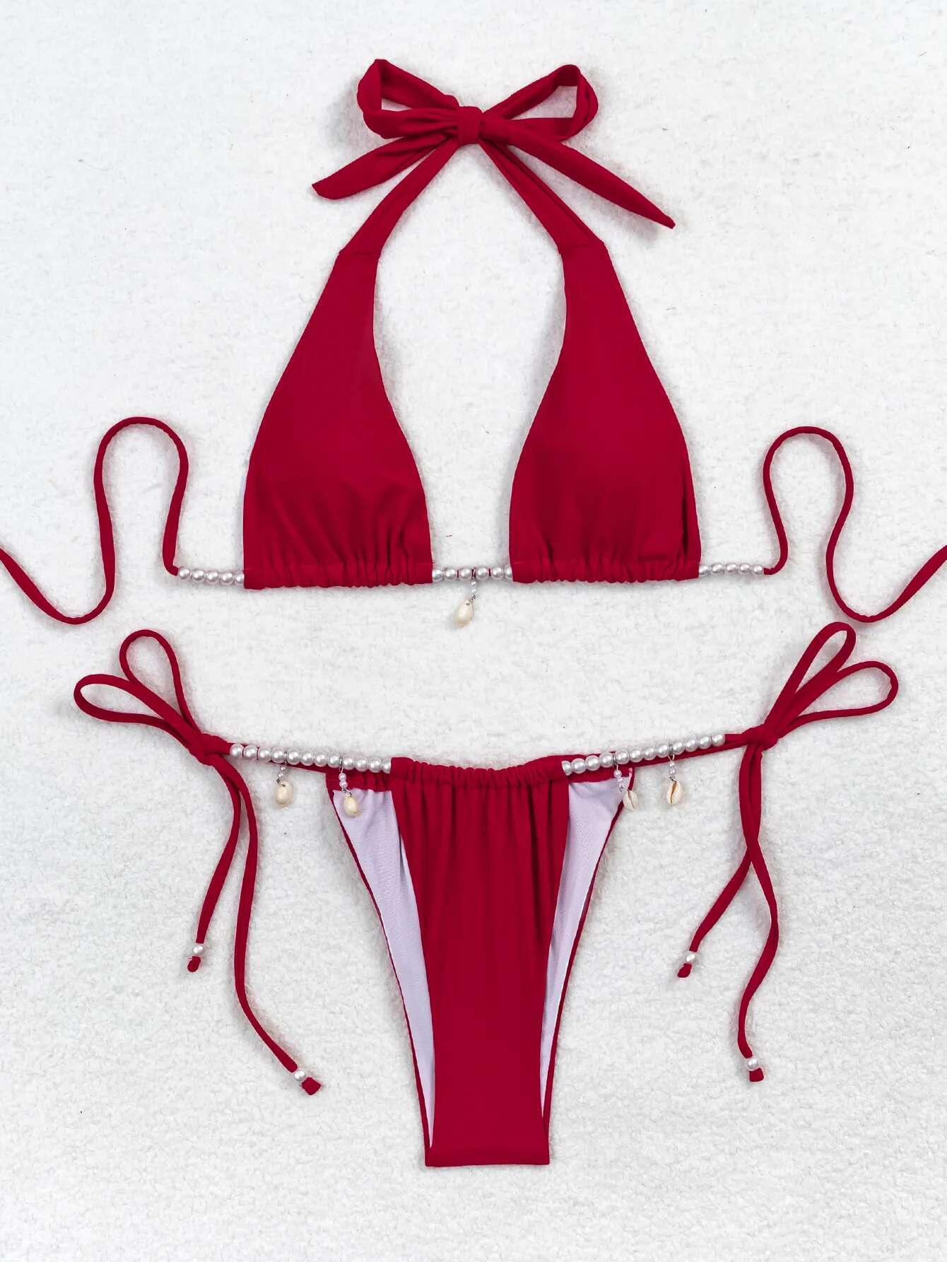 Dongdumaoyi Luxury Pearl Shell Bikini Women Red Criss Cross Diamond Micro Swimsuit Bathing Suit Tie Side Triangle Swimwear Biquini