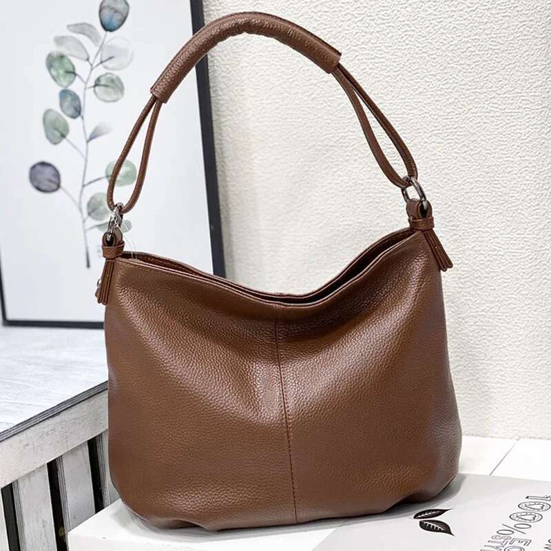 Genuine Leather Fashion Women's Single Shoulder Crossbody Pleated Mom Bag Casual Tote Head Layer Cowhide Designer Bags