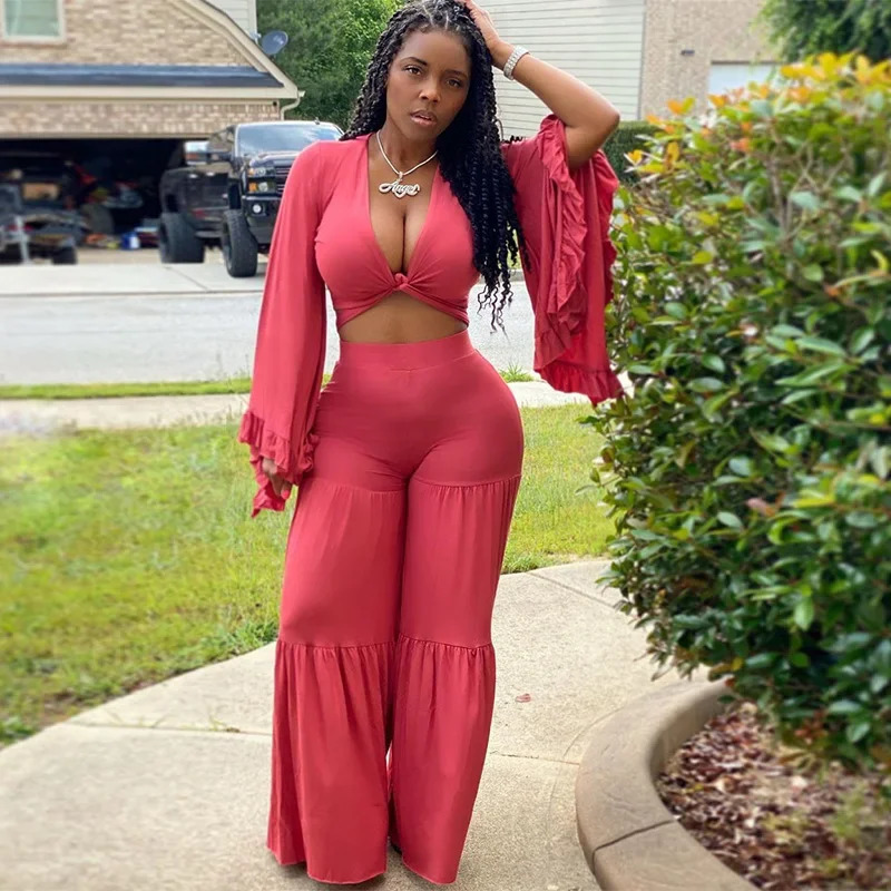 Womens casual spring and autumn solid color long sleeved luggage top wide leg mens office 2piece set 250407