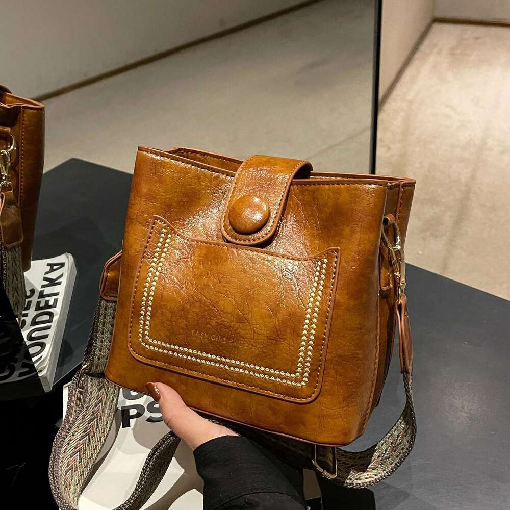 PU Vintage Simple Leather Bucket Crossbody Bags for Women Designer Handbagt Lady Black Shoulder Bag