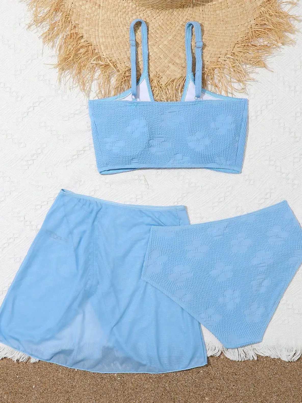 Girls 3-pack blue bikini set with ski straps 7-12 years old childrens Rlinked 2024 swimsuit J250403