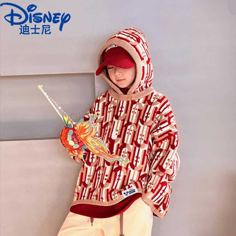 Disney Red 2025 New Year Childrens New Sweater Korean Style Winter Big Kids Crew Neck Base Shirt Boys H251107