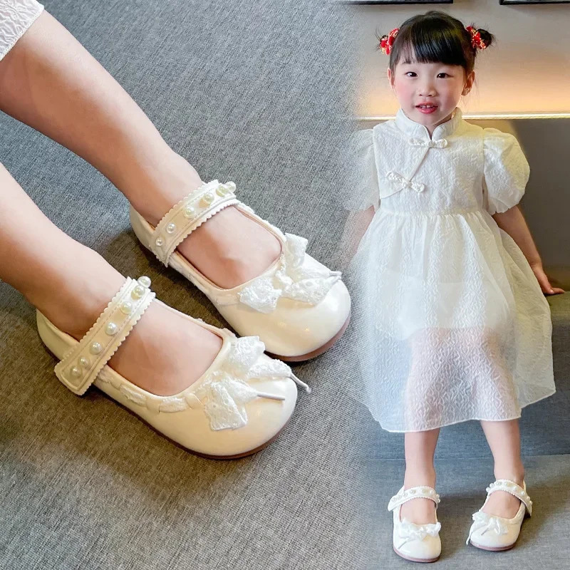 Childrens girls pearl lace princess shoes spring and summer lace bow show solid color casual flat slider size 23-34 250402
