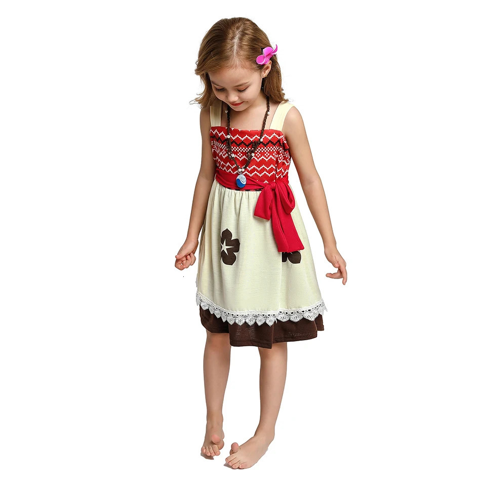 2-10y Child Girl Dress Summer Princess Moana Full Printing Sleeveless Dress Casual Children Clothing with Necklace Daily Outifit 250407