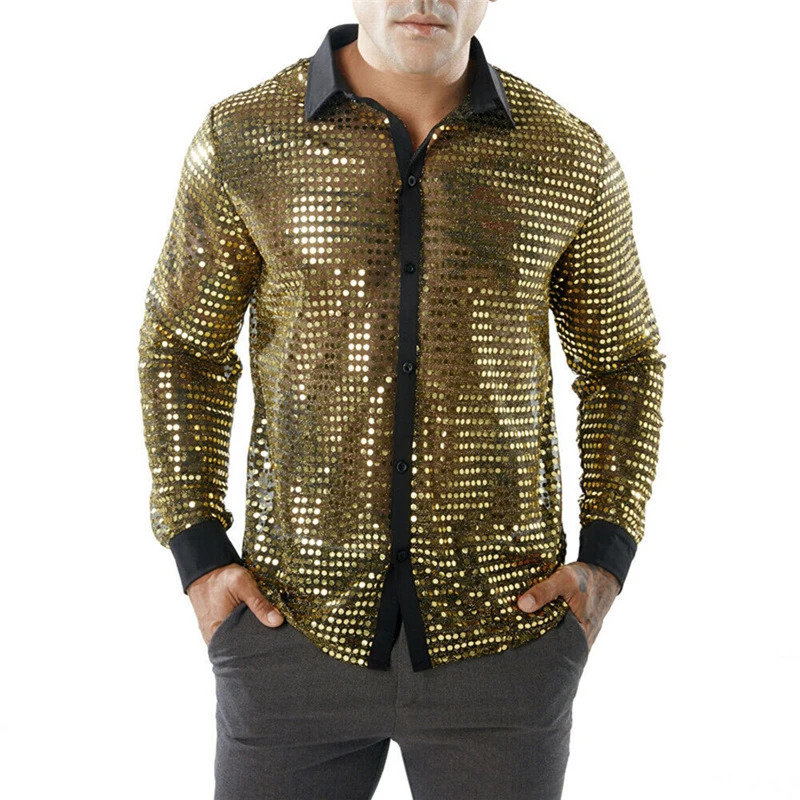 Mens Sheer Sequins Shirt Long Sleeve Turn Down Collar Button Dot Shirts y Blouse Tops 250226