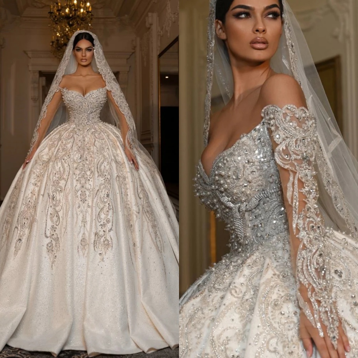 Gorgeous Ball Gown Wedding Dress Off Shoulder Long Sleeves Bridal Gowns Sequins Appliques Pearls Sweep Train Dresses Custom Made vestidos de novia