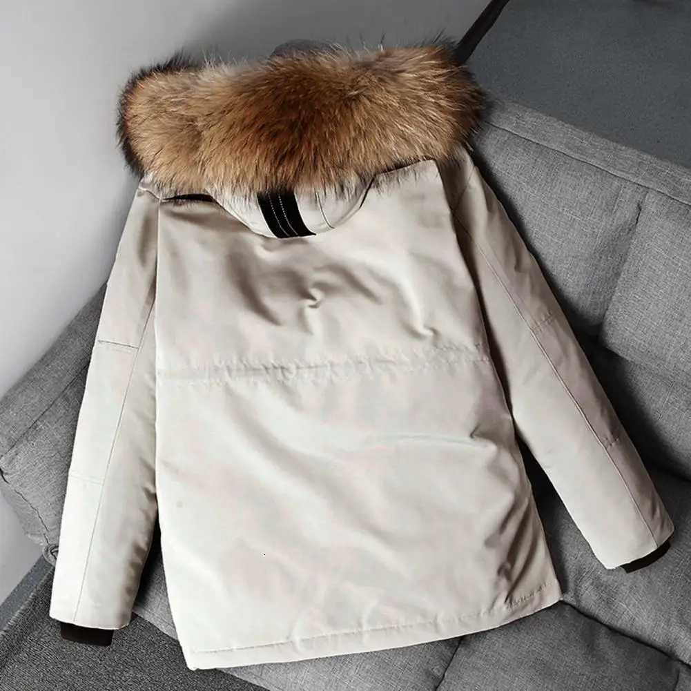 Warm Hooded Down Coat Mens Jacket with Faux Fur Trim Multiple Pockets Zipper Placket OutdoorT251107