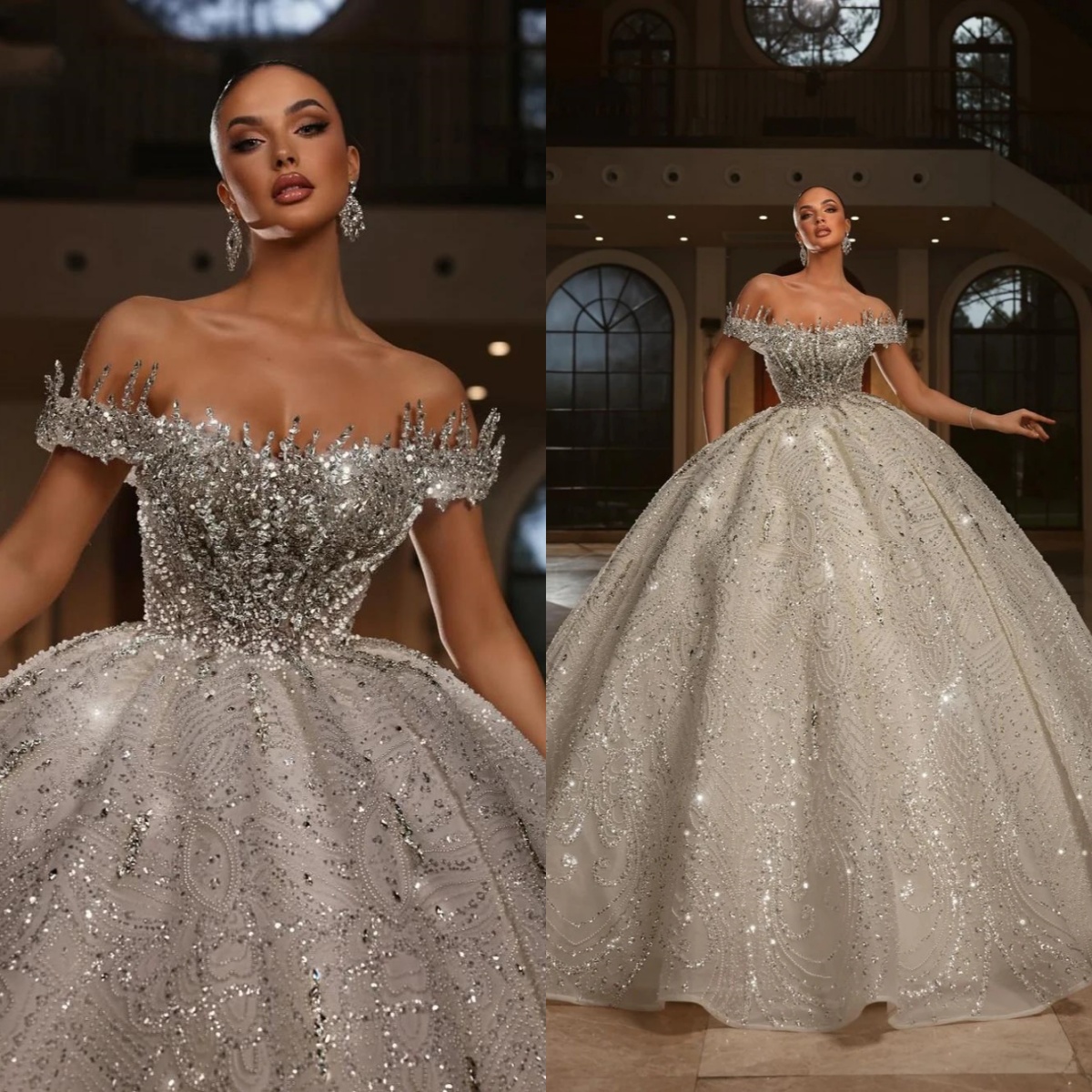 Stunning Pearls Women Wedding Dress Charming Shiny Crystals Off the Shoulder Ball Gown Elegant Beaded Bridal Gown Customized