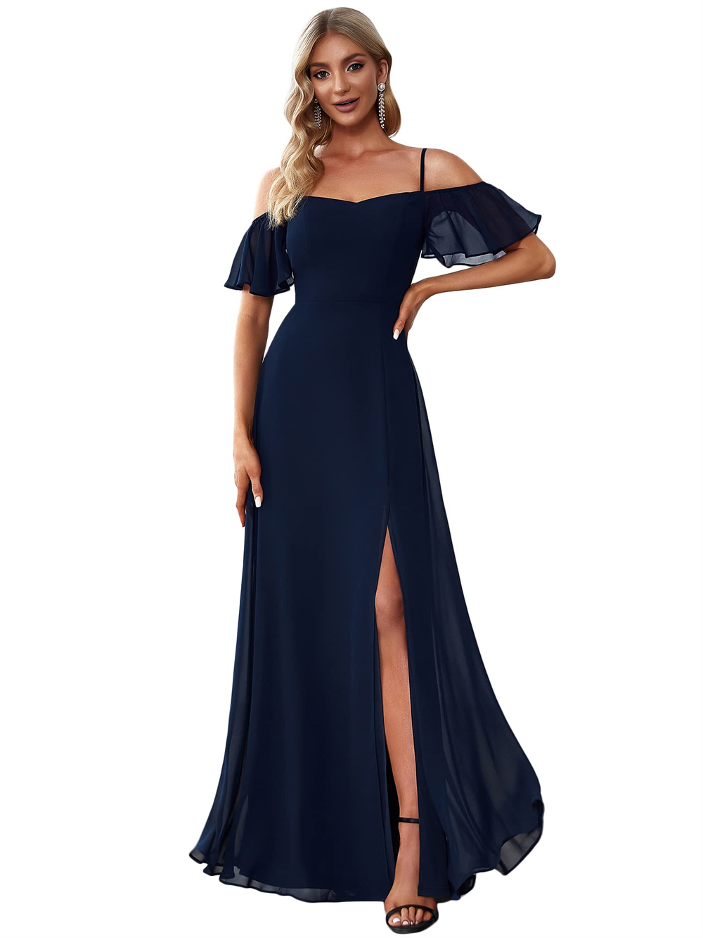 Long Prom Dresses Elegant Off-the-Shoulder Spaghetti Chiffon Split A-Line Floor-Length Plus Size Formal Occasion Evening Party Gown Pd07