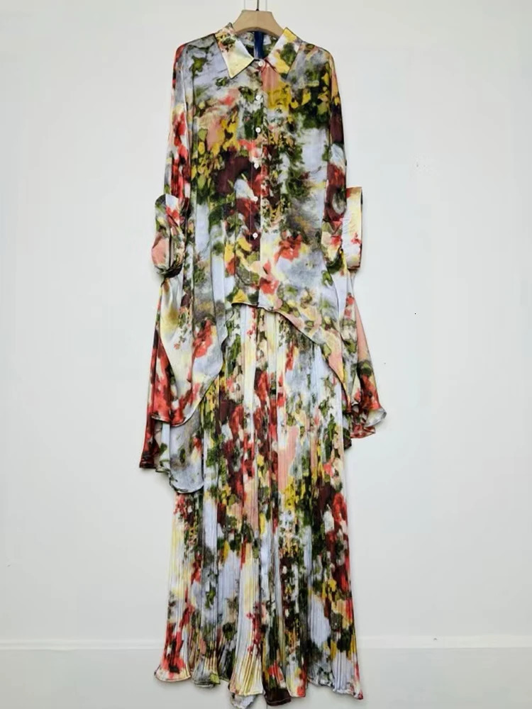 Retro geometric print loose irregular shirt twopiece set summer womens clothingpleated wide leg pants fashion 250407