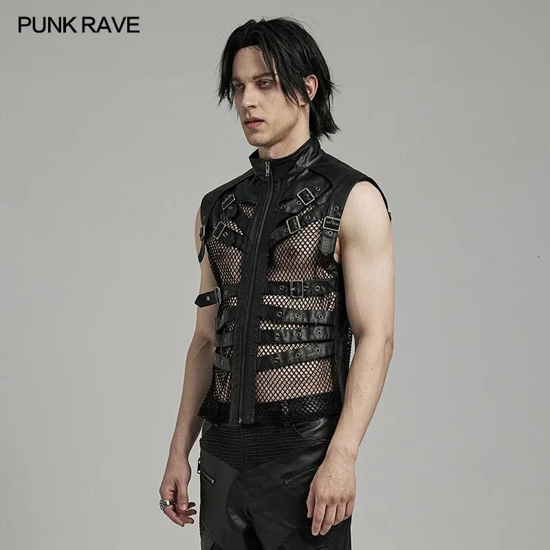 PUNK RAVE Mens Punk Personalized Mesh Handsome Hollow Tank Top Daily Unlimited Sexy Cool Black Top Mens Summer Clothing 250403