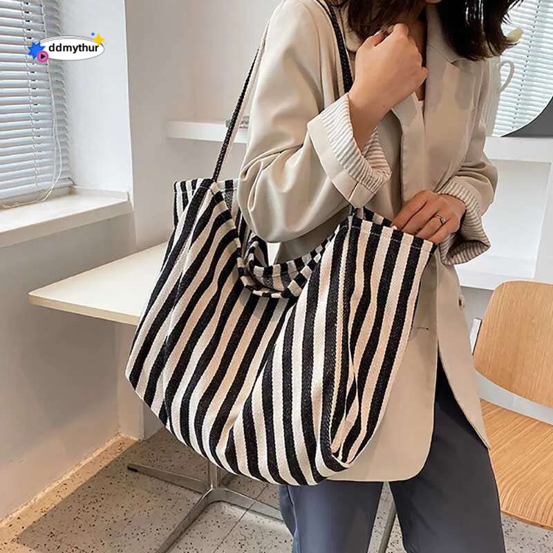 Women's Tote Striped Canvas Casual Handbags For Women Simple Shopping Large Capacity Woman Shopper School Shoulder Bag ddmythur