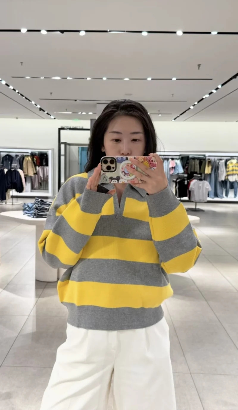 ETJ Autumn womens line street style fashion yellow wide stripe polo neck loose version of long-sleeved sweater 251105