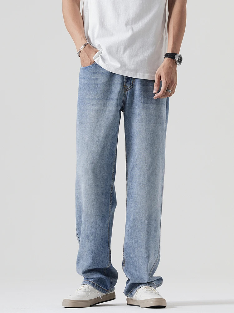 Korean fashion mens casual bag jeans comfortable straight denim wide pants solid color Trouser streetwear 250401