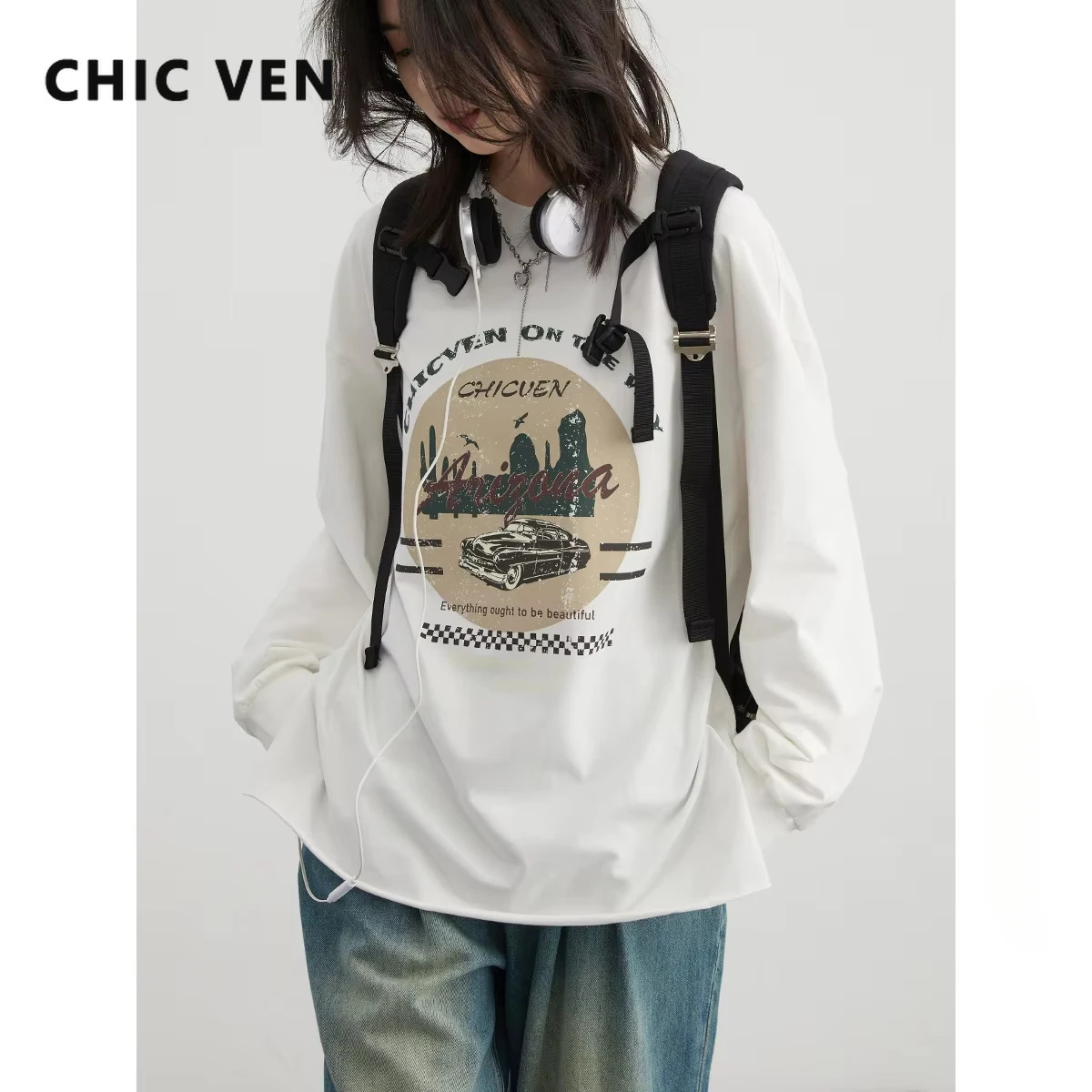 CHIC VEN Womens Tshirt Street Clothing Round Neck Letter Printed Long Sleeve Inner Top SpringSummer 250407
