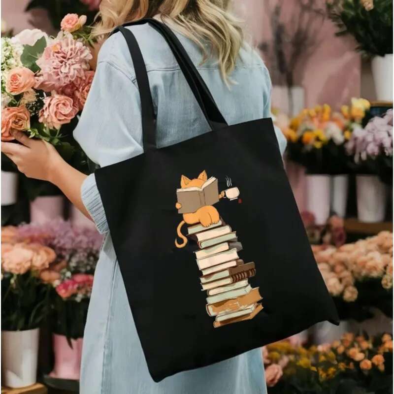 Is Better Life with Cats & Books Canvas Tote Women Cute Cat Shopping Bags Student Literary Book Shoulder Bag Cartoon Handbag &