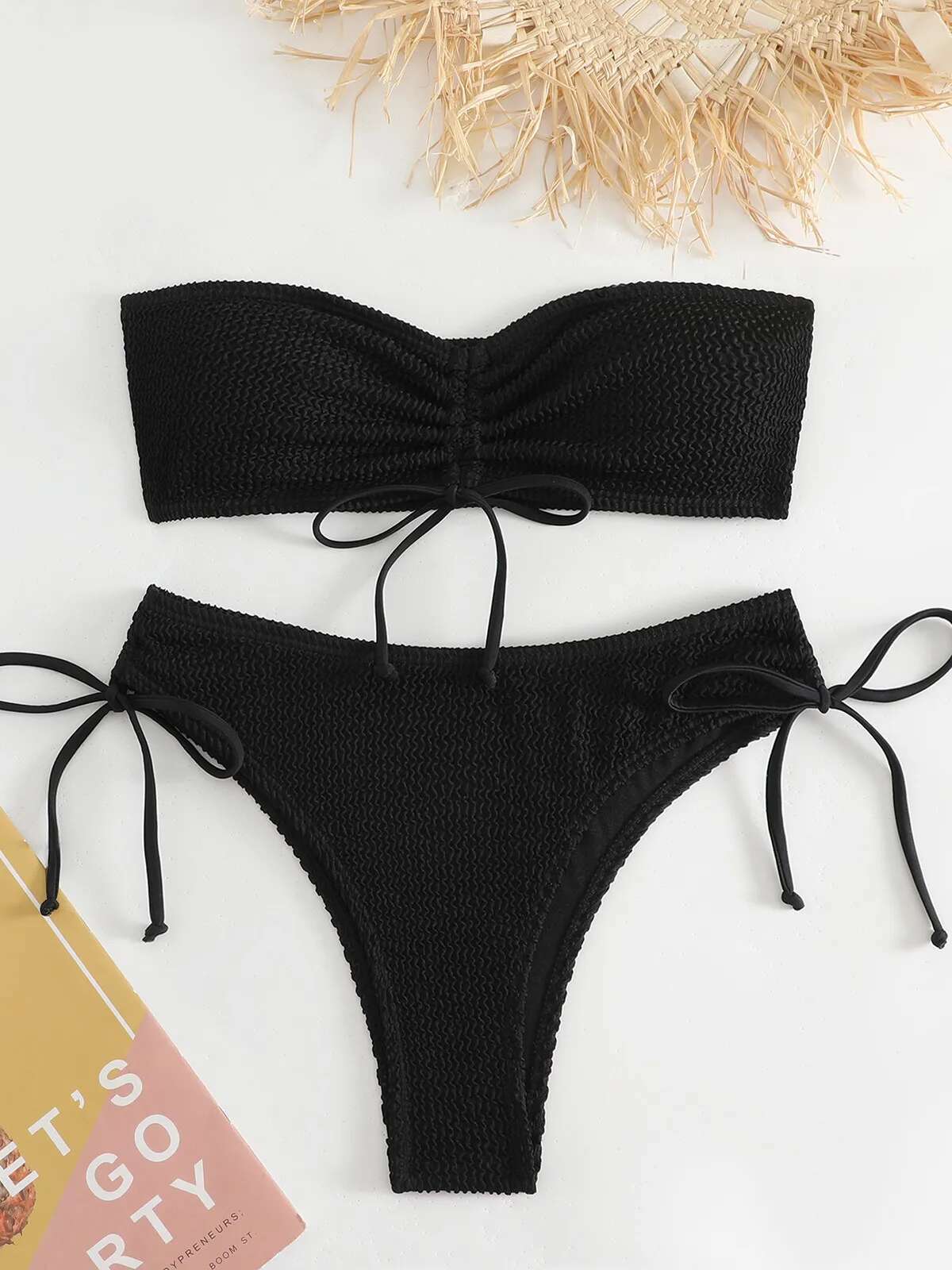 Dongdumaoyi Sexy Bandeau Bikini Pleate Drawstring Push Up Micro Swimsuit Green Black Bathing Suit Thong Swimwear Biquinis Feminino