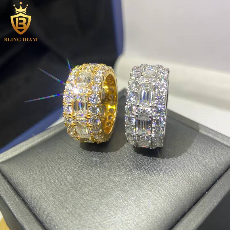 Luxury Full Diamond 925 Silver Ring Men HipHop Emerald Cut Moissanite Rings Iced Out Moissanite Ring GRA Pass Diamond Test Rings