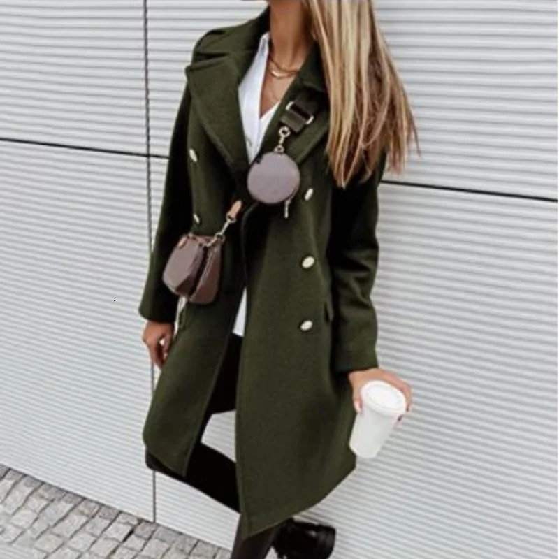 Woolen Women Jackets Elegant Solid Trench Lapel Turndown Collar Womens Jacket DoubleBreasted Overcoat For Autumn Winter 251030
