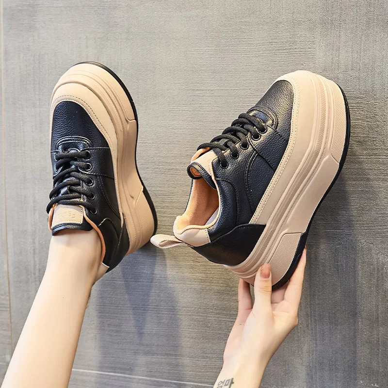 Fujin 9cm Cow Genuine Leather Women Casual White Platform Wedge Skateboard Hidden Heel Shoes Vulcanize Chunky Sneakers 250402