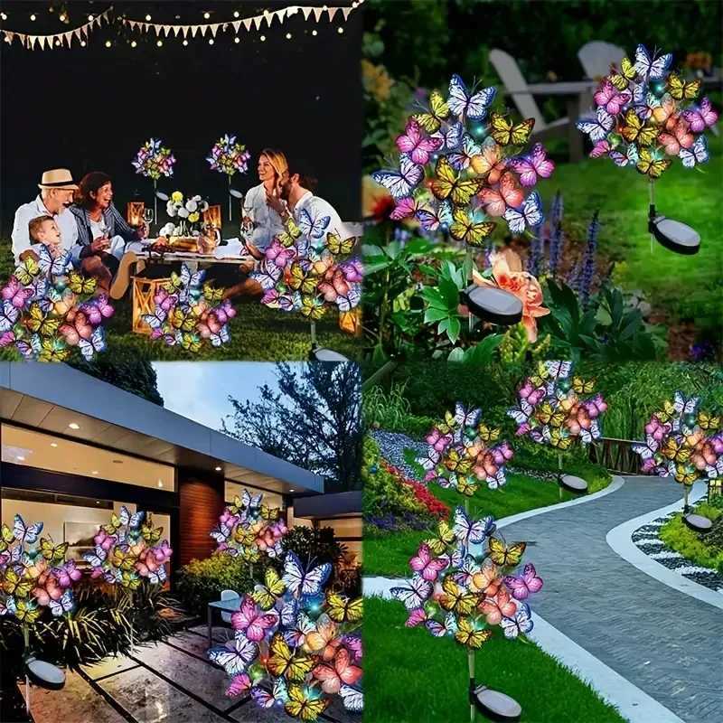 LED Solar Garden Lights Outdoor Solar Butterfly Flower Tree Lights Waterproof for Outdoor Garden Path Atmosphere Roof Decoration W251107