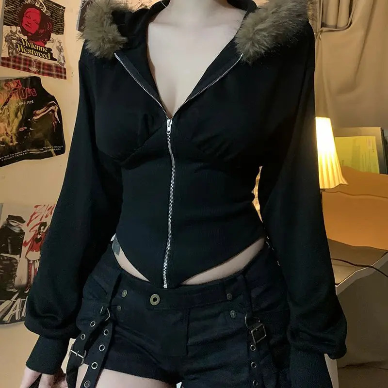 Vintage punk hoodie Y2k crop top sexy streetwear Gothic Grunge womens zipper winter ultrathin coat girl aesthetic 250403