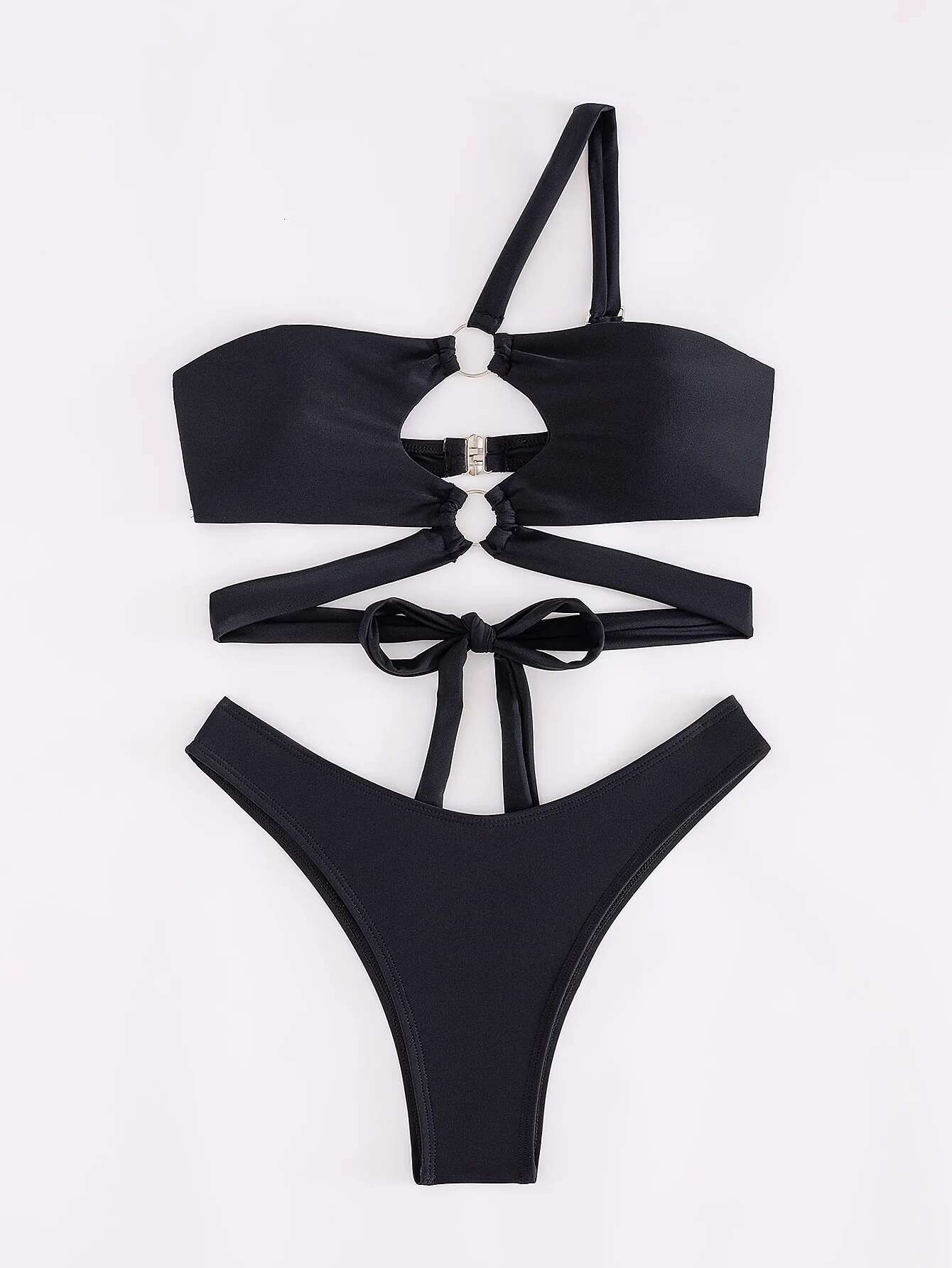 Dongdumaoyi Sexy One Shoulder Bikini Women Black Metal Ring Linked Hollow Out Micro Swimsuit Bathing Suit Thong Swimwear Traje De Ba O