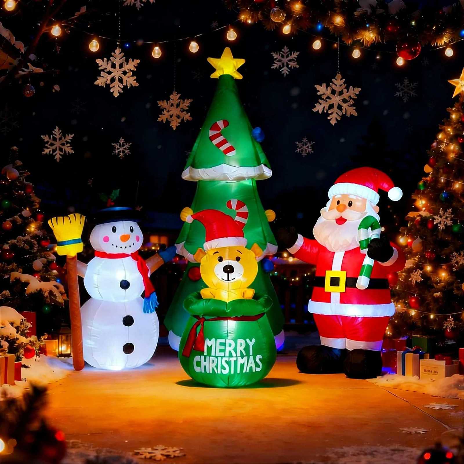 Christmas Inflatable Decorations - Branch Snowman Santa Claus Gingerbread Man Gift Bag Snowman LED Light Lawn Decorations W251107
