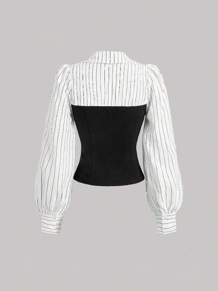 Women's Striped Spliced Lapel Shirt Elegant Fashion Style Business Casual Office Wear