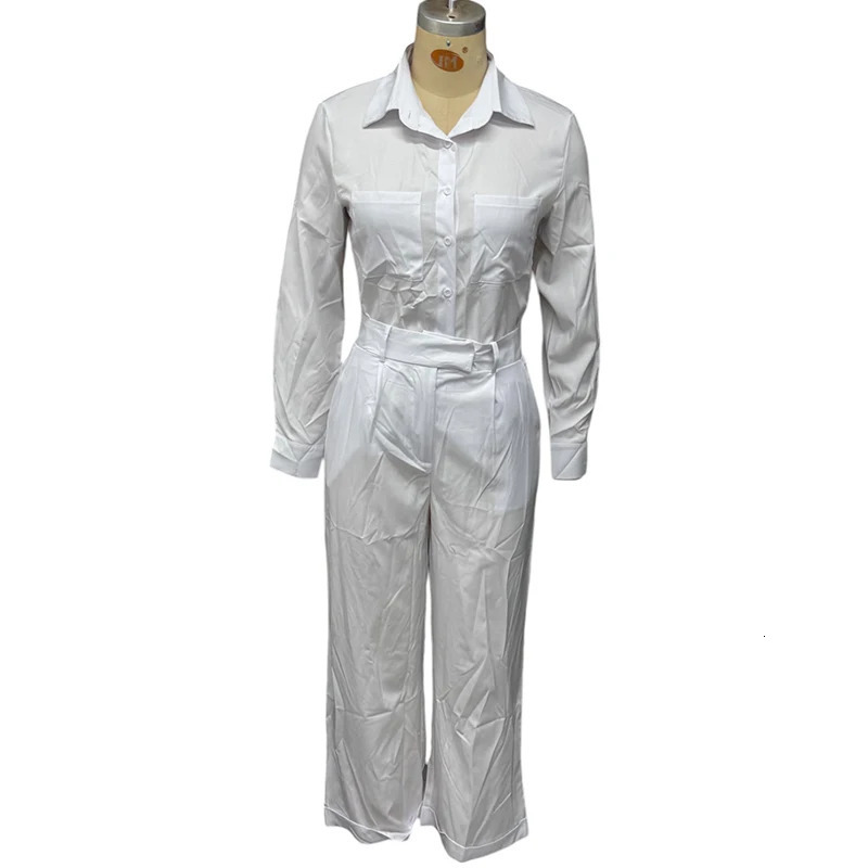 Wefads 2piece womens matching set fashionable long sleeved solid collar single chest button backless shirt straight pants 250407