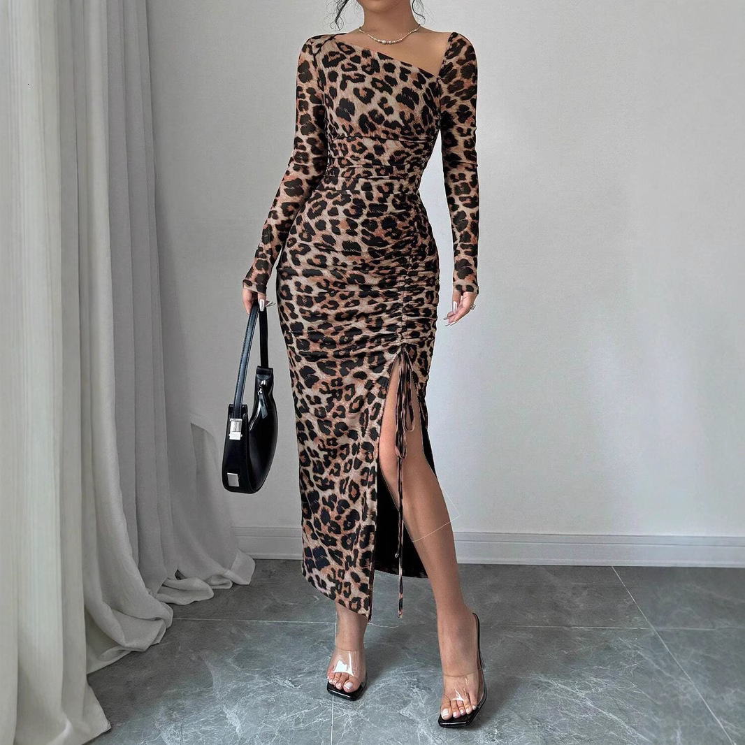 Leopard Print Round Neck Sexy Bodycon Long Dress For Women Long Dress Backless Summer Dresses Spring Autumn Party Club Vestidos 240819