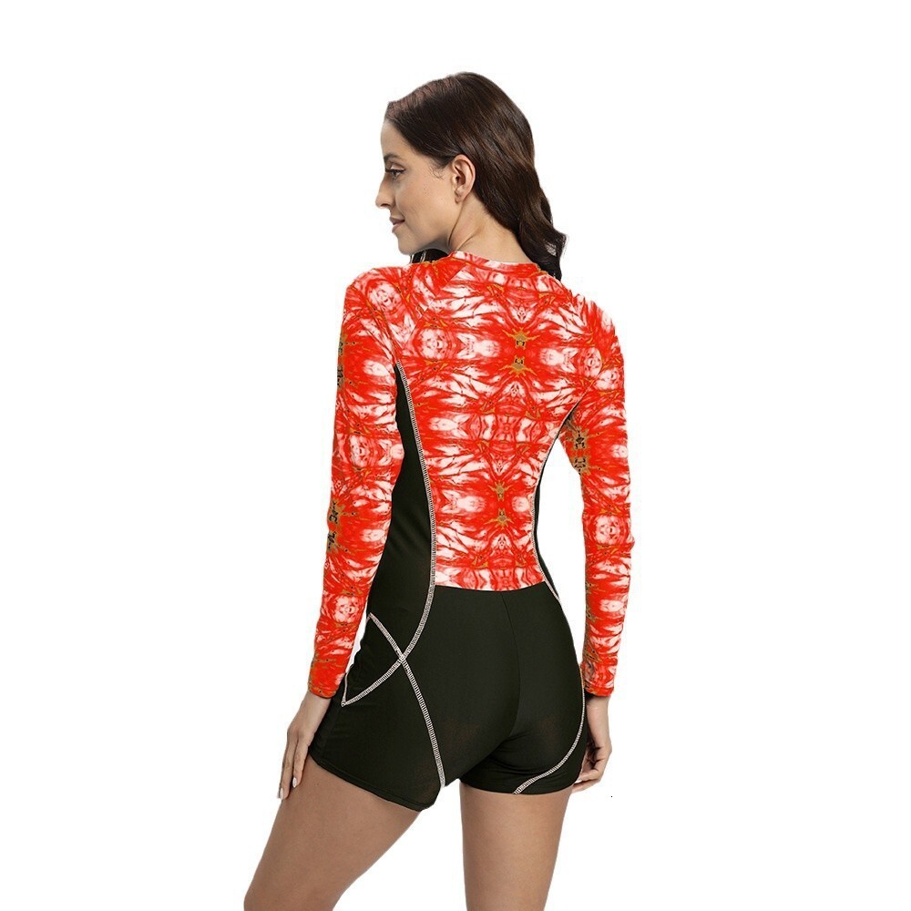 New diving women's long sleeved one-piece zipper flat corner pants with digital printing color blocked snorkeling surfing suit swimsuit