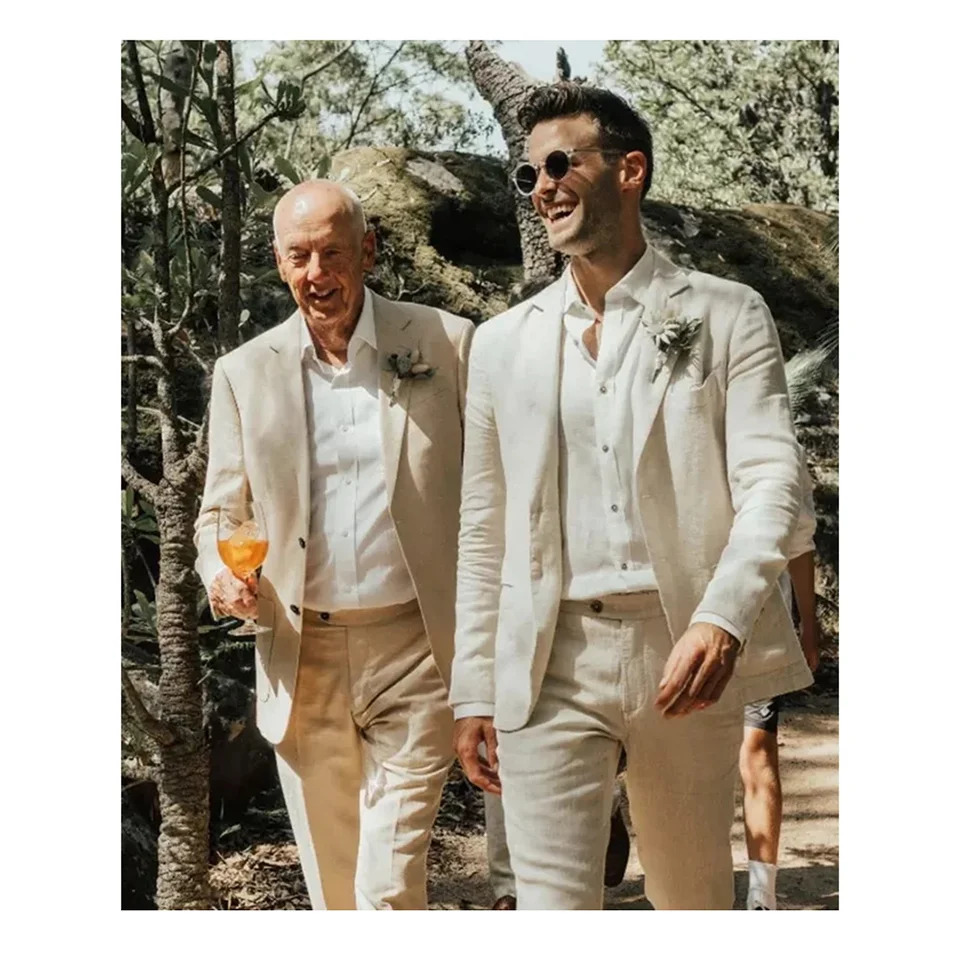 Mens wedding set beige linen 2-piece jacket pants single chest jacket mens slim fit smart waist mens clothing 250402