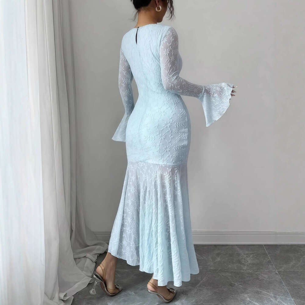 2025 Early Autumn New Solid Color Flared Sleeve Round Neck Slim Fit Long Mermaid Dress for Women