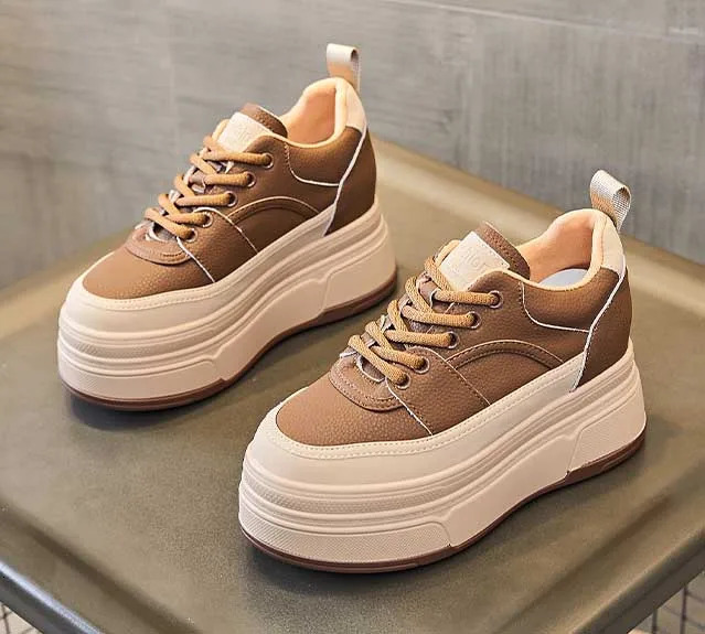 Fujin 9cm Cow Genuine Leather Women Casual White Platform Wedge Skateboard Hidden Heel Shoes Vulcanize Chunky Sneakers 250402