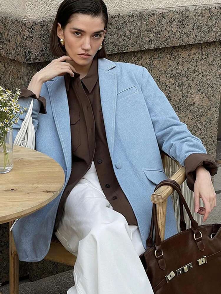 Tassel Imitation Denim Suits Jacket Flip Collar Single Button Commute Elegant Loose Casual Vintage Street Fringe Suit Top Women