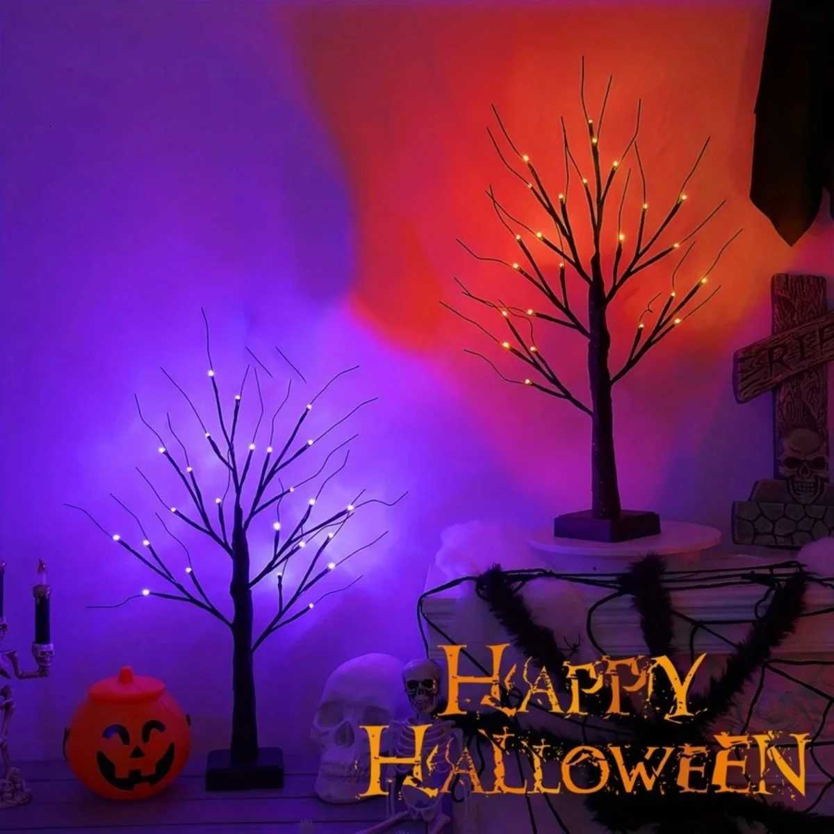 1pc 24 LED Orange And Purple Lighted Halloween Artificial Birch Tree Light DIY Black Branches Lights Tabletop Halloween Spooky W251107