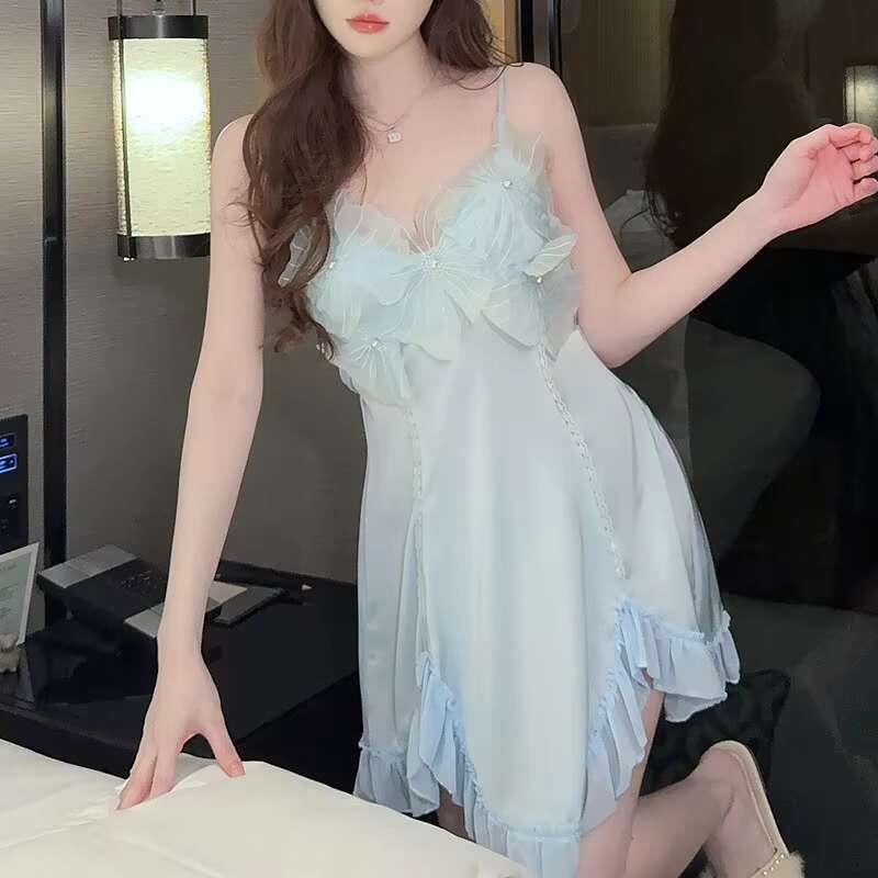 New Lace Wer With Chest Cushion Ice Silk Slip Nightdress Sexy Summer Pamas Home Wear