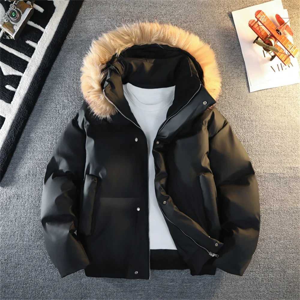 Winter Down Puffer Overcoat Men Fur Collar Soft Leather Parkas Mens Windproof Padded Coat Streetwear Mens Outdoor Parka JacketT251107