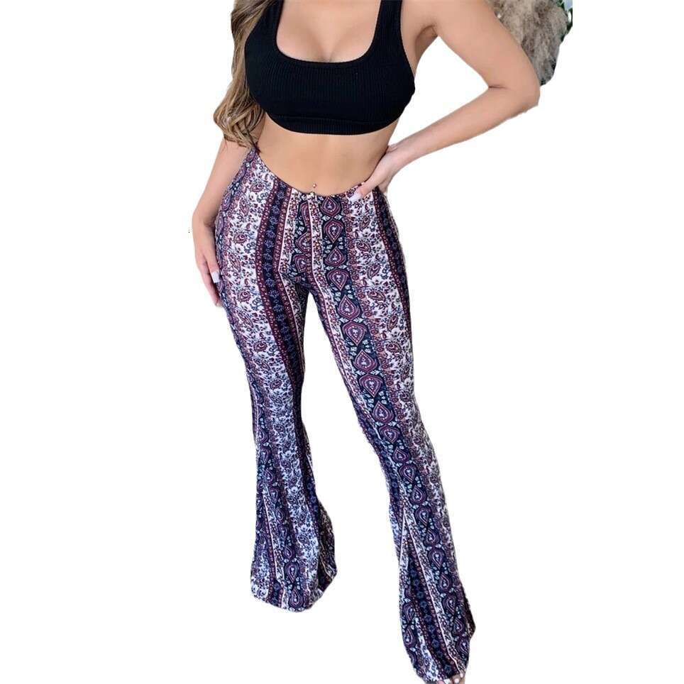 European and American high elasticity tight fitting micro flared sexy printed women's pants 2025 new casual fashion trend clothing