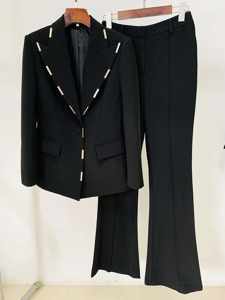 Newest Designer Runway Suit Women's Single Button Metal Block Blazer Flare Pants Set