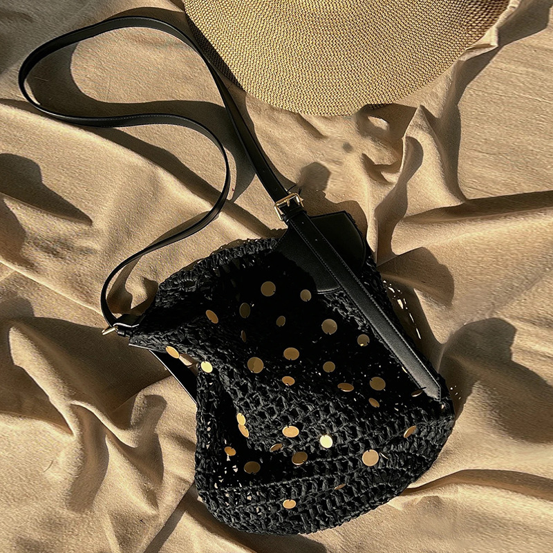 2025 Single Shoulder Hollow Cotton Thread New Cover, Grass Woven Bag, Vacation Style Beach Colorful Ball Bag